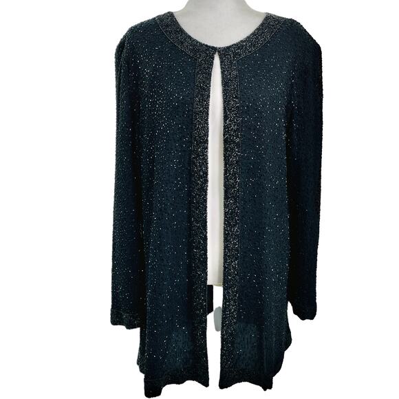 Vintage Black 100% Silk Beaded Collarless Long Sleeves Lined Jacket Size M/L - Picture 1 of 12